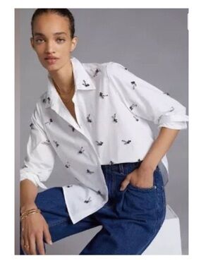 Dhruv Kapoor Shirt Womens Small Buttom Up Whote Embellished Anthropologie xs